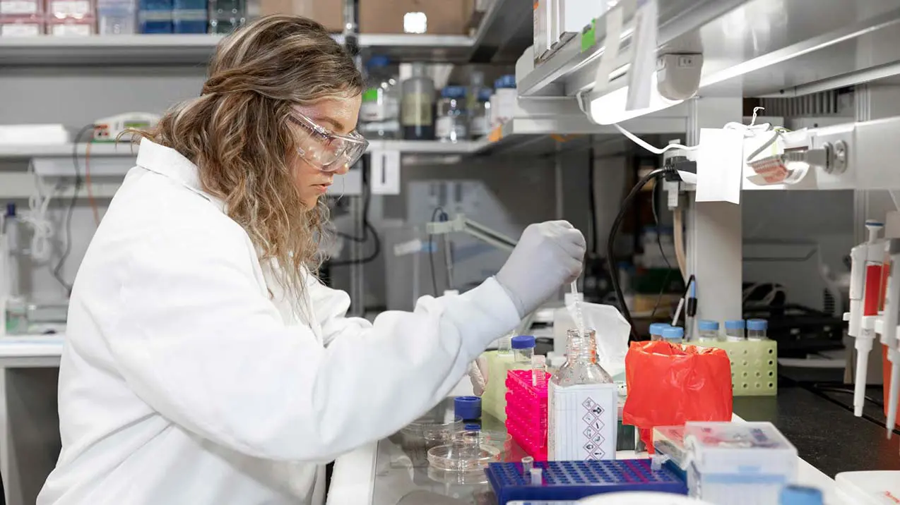 Student in lab working on research project